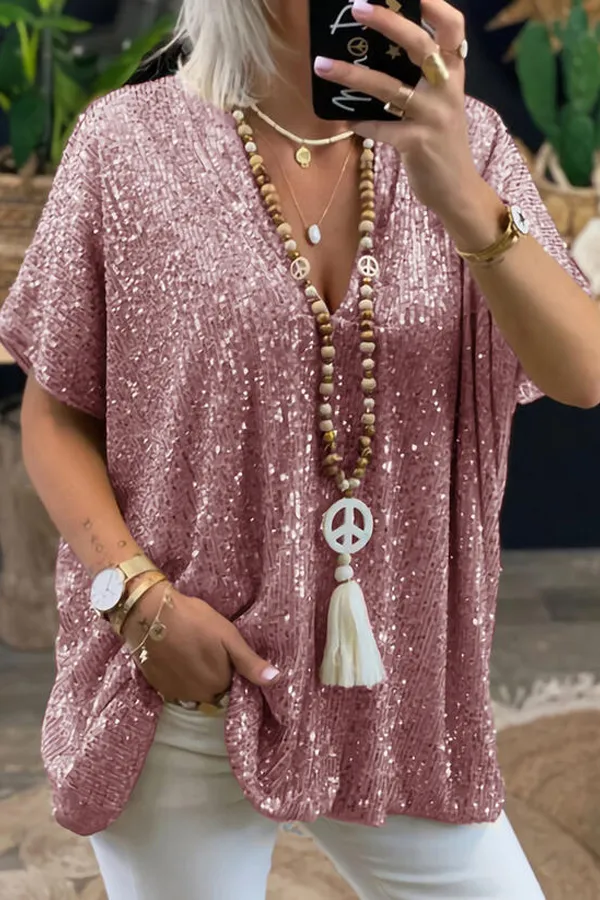 Sequins Short Sleeve V-Neck Blouse