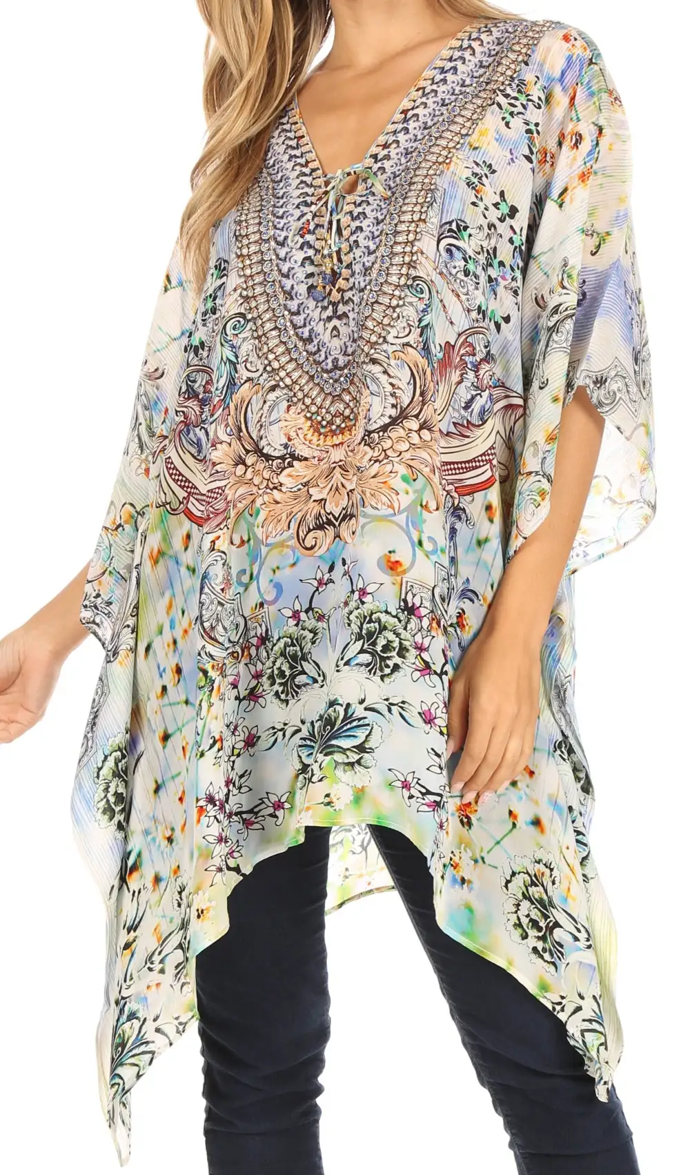 Women's Caftan Poncho Cover up V neck Top Lace up With Rhinestone