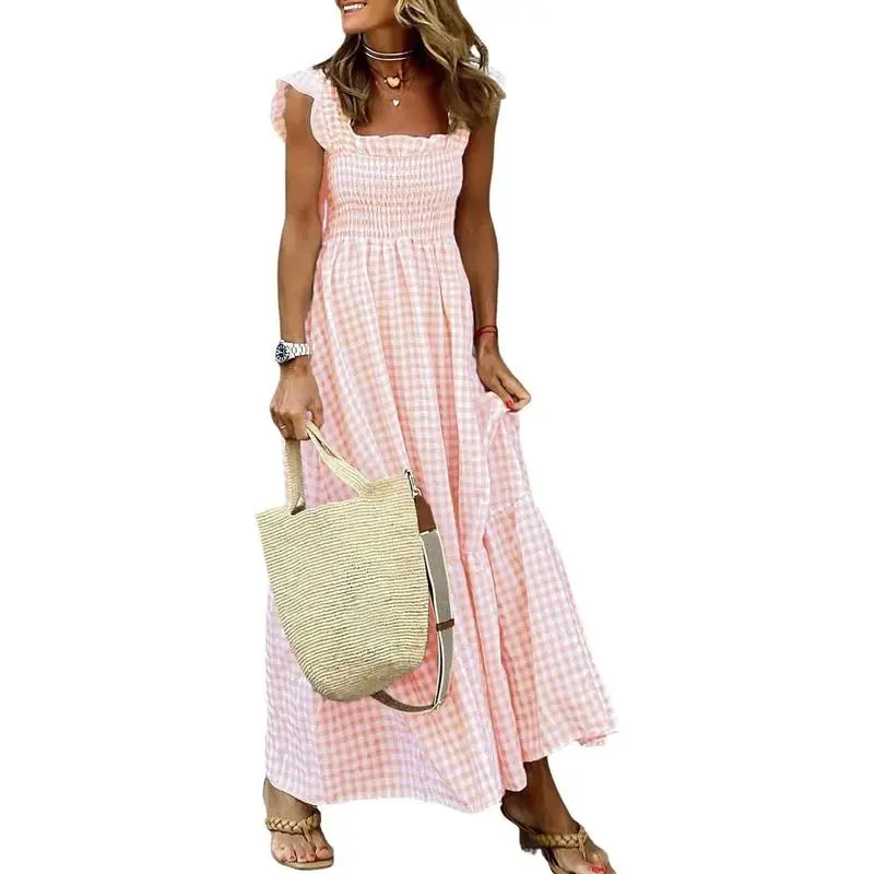 Women's Retro Plaid Smocked Flounce Maxi Dress – Spaghetti Strap