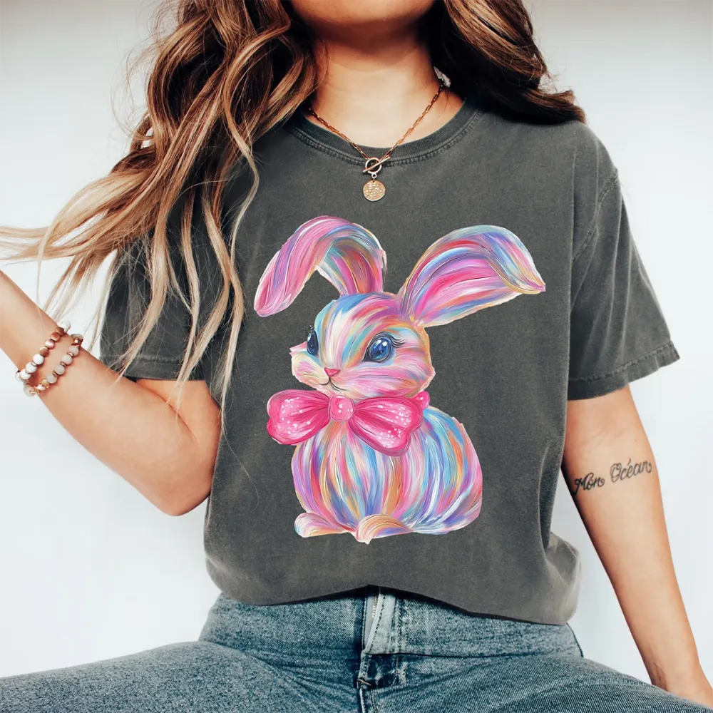 Easter Colorful Bunny Printed Round Neck Short Sleeve T-Shirt