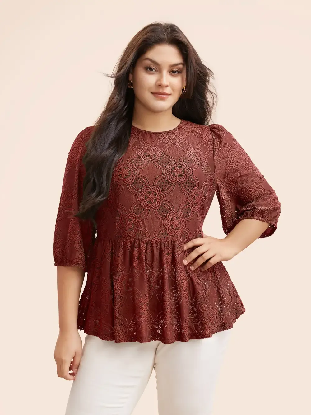 Crew Neck Crochet Lace Lantern Sleeve Blouse