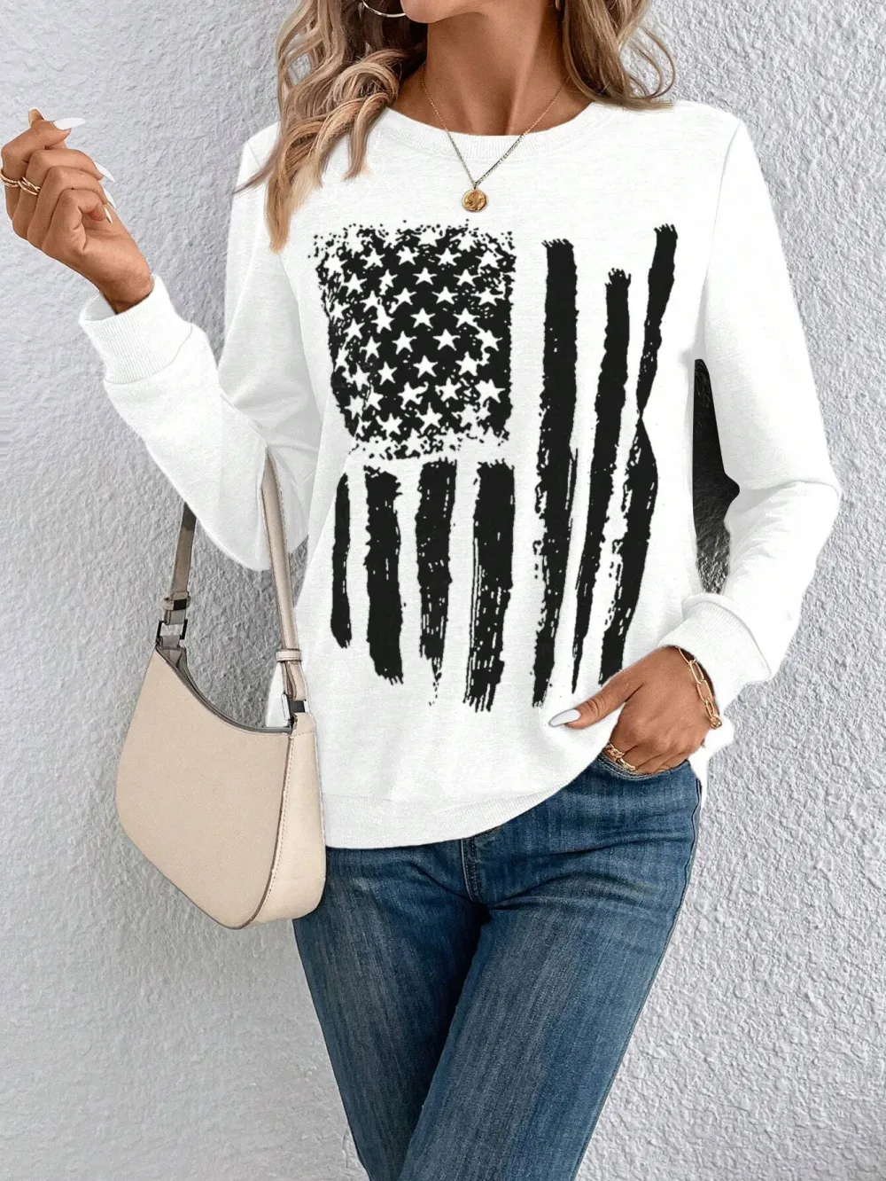Women's Casual US Flag Print Loose Fit Round Neck Long Sleeve Sweatshirt, Spring Autumn