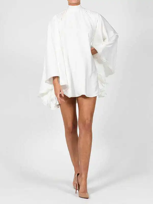 Solid Color High-Neck Backless Flared Sleeves Mini Dress