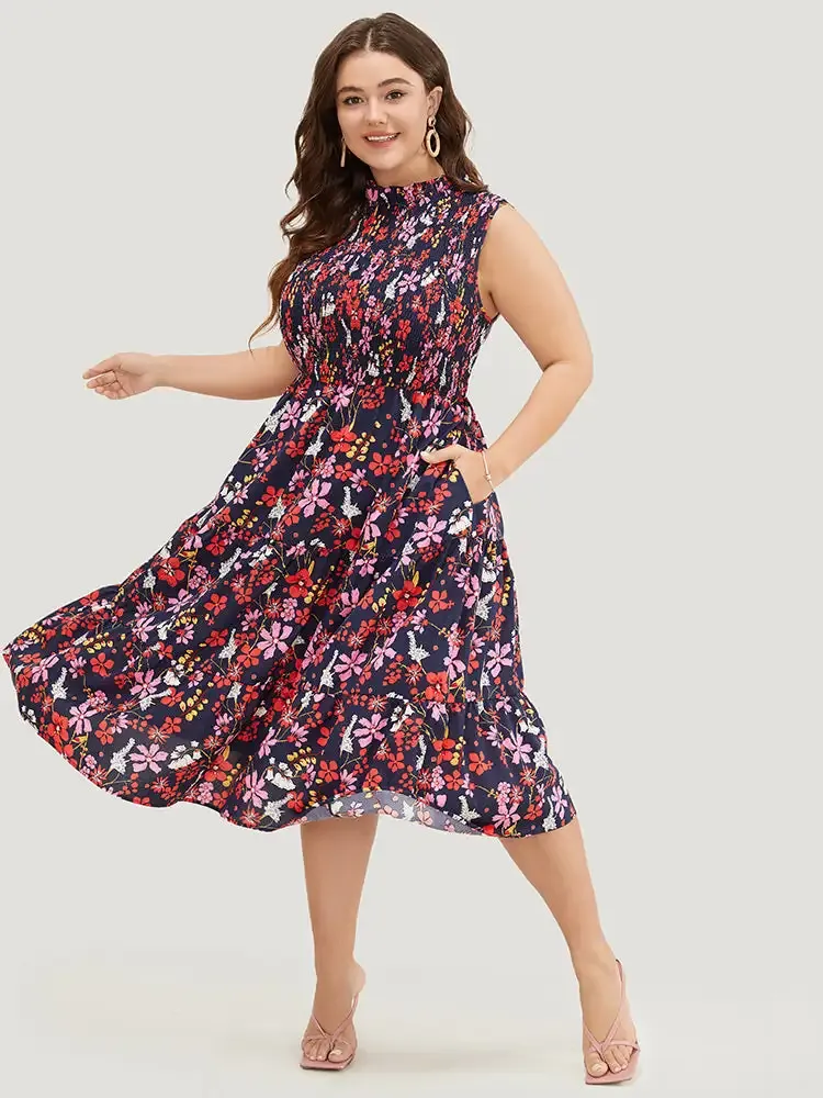 Floral Shirred Mock Neck Cut Out Pocket Ruffle Hem Dress