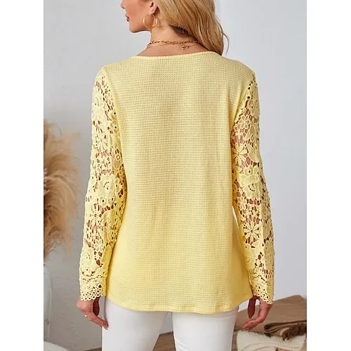 Women's Blouse Textured Ribbed Solid Color Eyelet Daily Elegant Stylish Puff Sleeve Long Sleeve