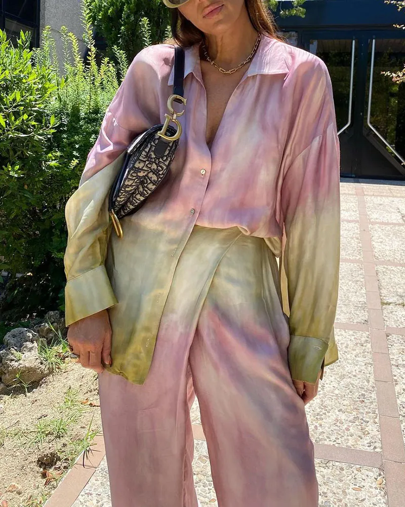 Pink Tie Dye Print Casual Two-Piece Set