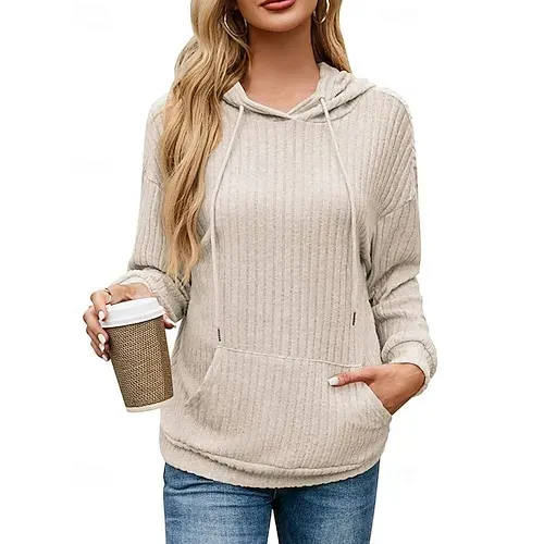 Women's Texture Sweatshirt Waffle Sweatshirt  Pullover Hoodie Sweatshirt Plain Streetwear Casual Long Sleeve Hooded Regular Tops Street Holiday Going out Buttons Black White Pink Wine Fall Winter