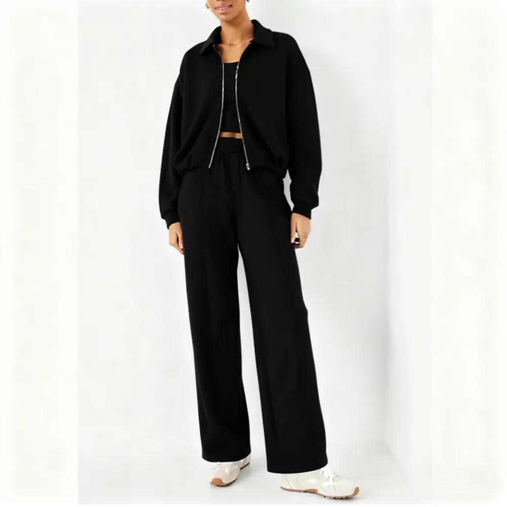 Zipped Jacket and Wide-Leg Pants Two-Piece Set