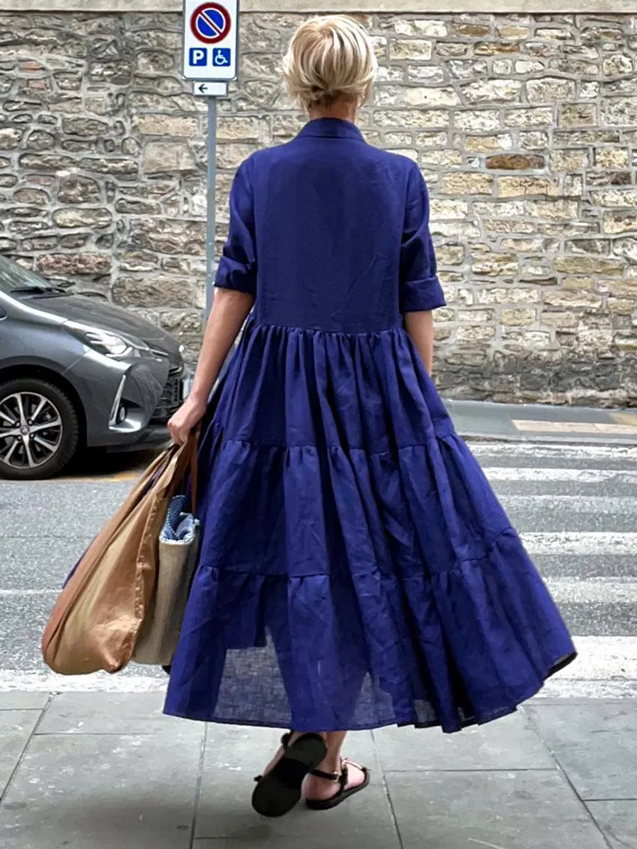 Ladies Long Sleeve Solid Color Panel Hem Dress