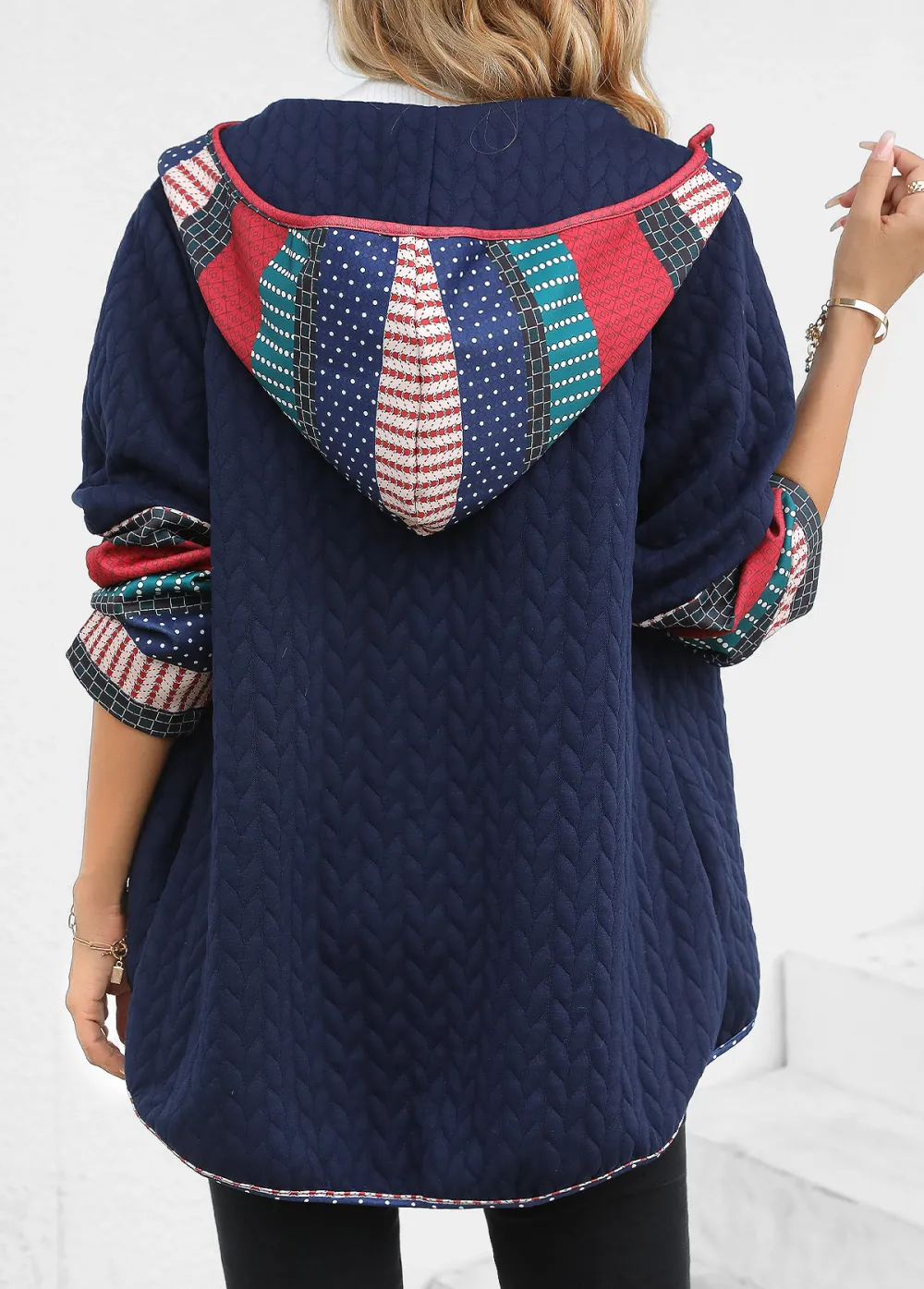 Navy Patchwork Tribal Print Long Sleeve Hooded Coat