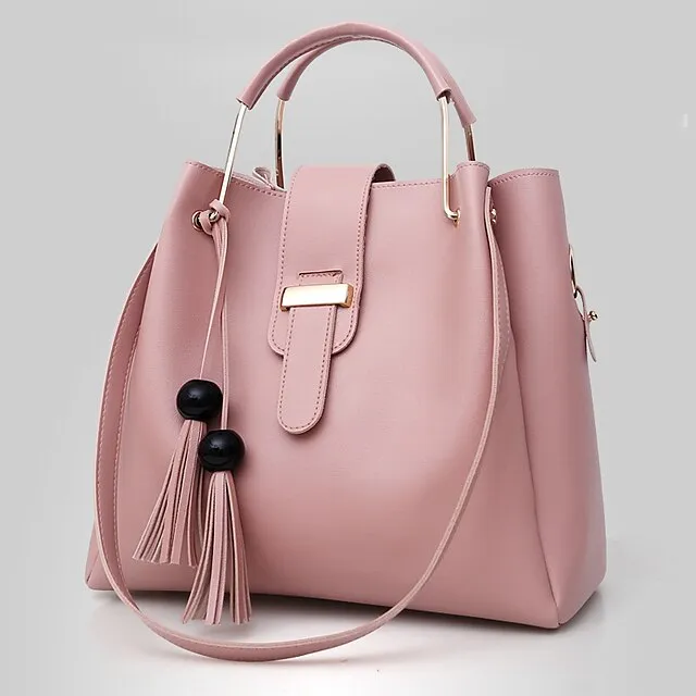 Women's Bag Set PU Leather 3 Pcs Purse Set Shopping Zipper Tassel Black White Pink