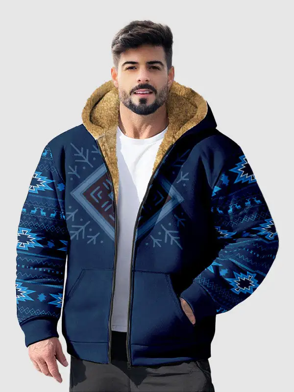 Men's Retro Ethnic Zip Printed Fleece Hoodie Jacket