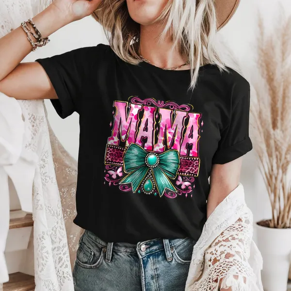 Pink Capital Letters “MAMA” Slogan And A Teal Bow, Jewel Decoration, Surrounded By Pink Flowers And Stripes Decorative Band Monogram, Casual T-Shirt.