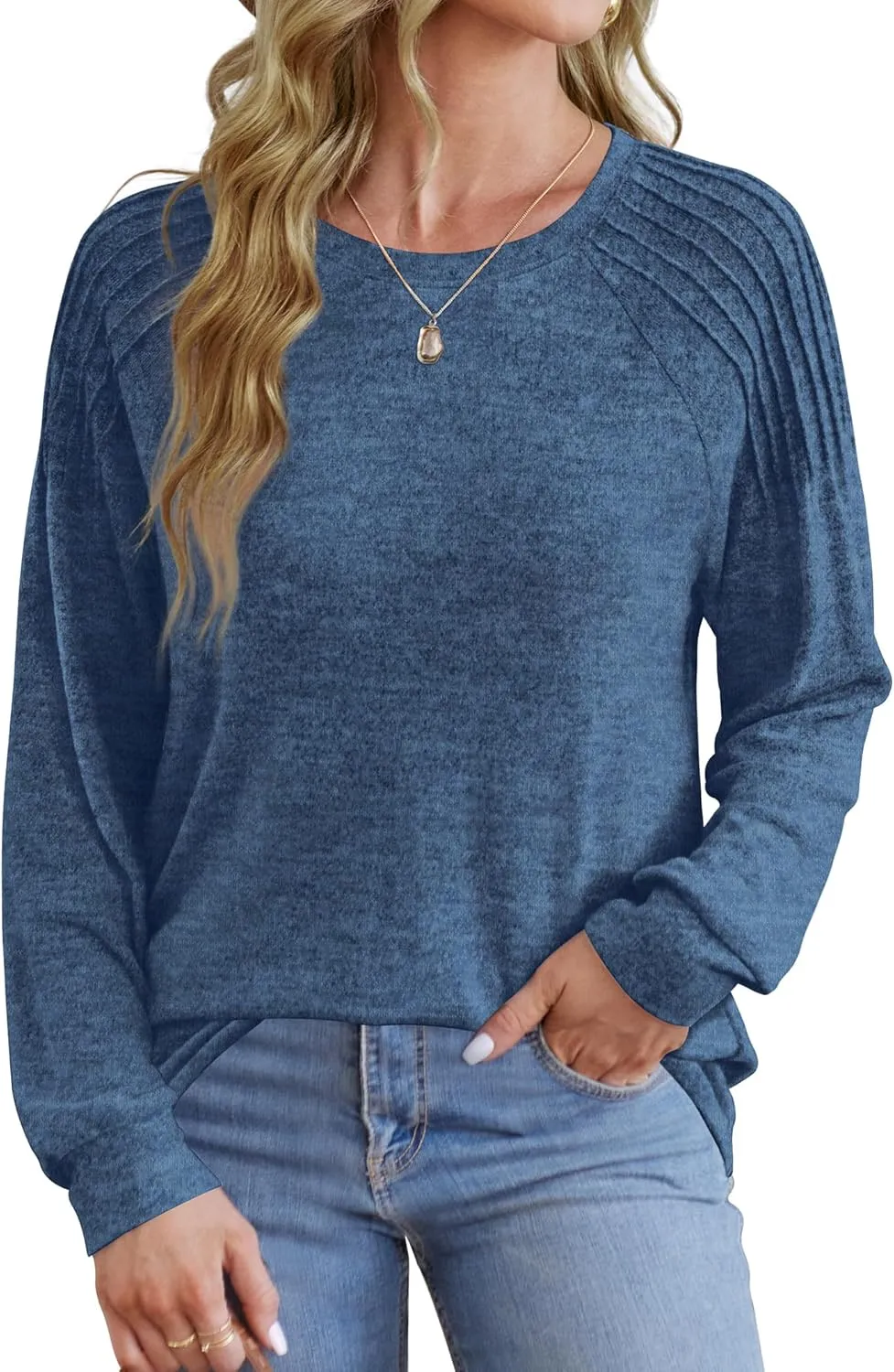 Sweatshirt for Women Crewneck Pleated Long Sleeve Shirts Tunic Tops Fashion 2024