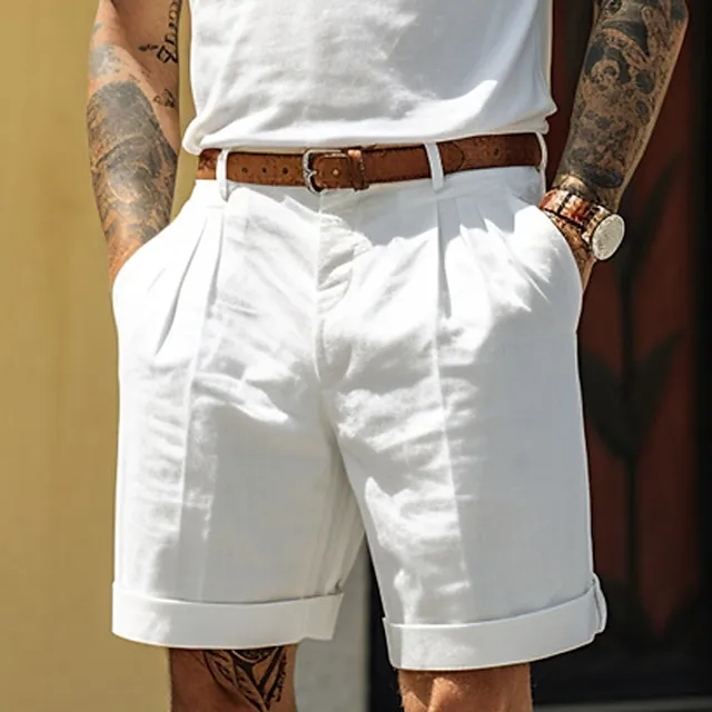 Men's Shorts Linen Shorts Summer Shorts Pleated Shorts Pocket Pleats Straight Leg Plain Comfort Breathable Short Casual Daily Holiday Linen Cotton Blend Fashion Designer Black White