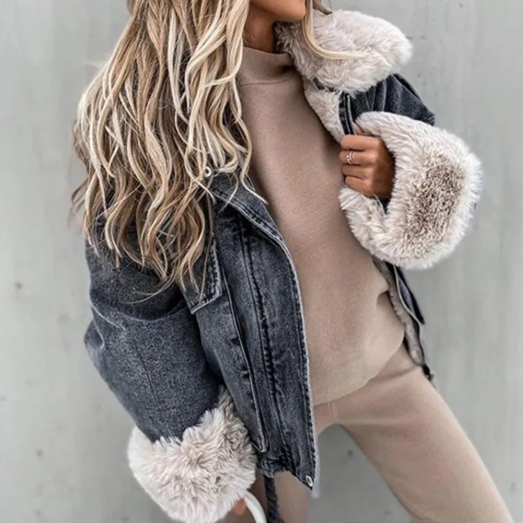 Winter Faux Fox Fur Collar Jacket Denim Women Elegant Big Pockets Jacket