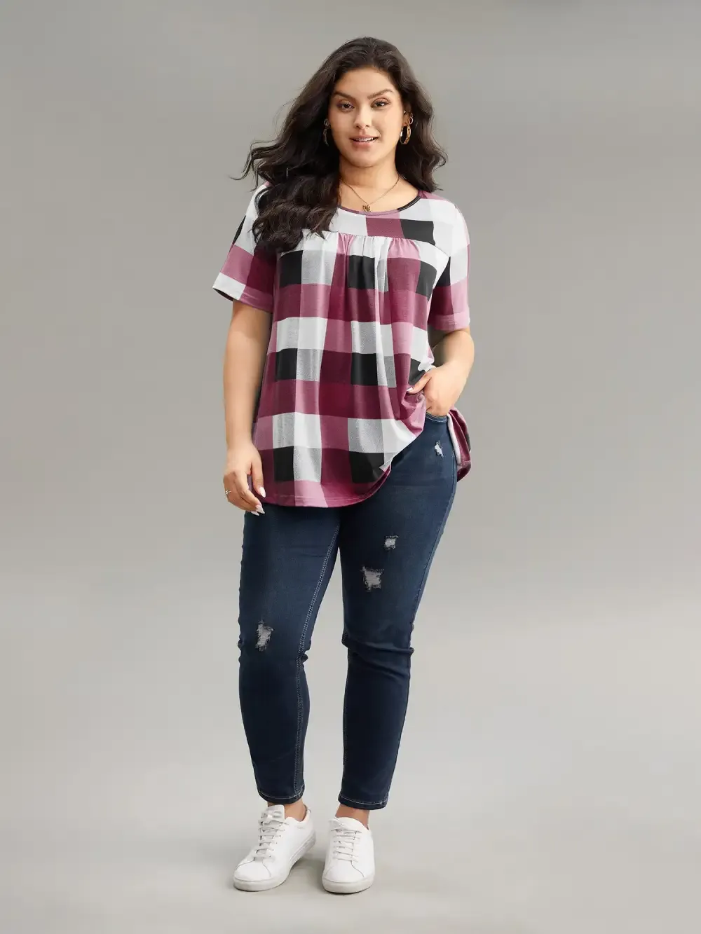 Plaid Round Neck Gathered T-Shirt