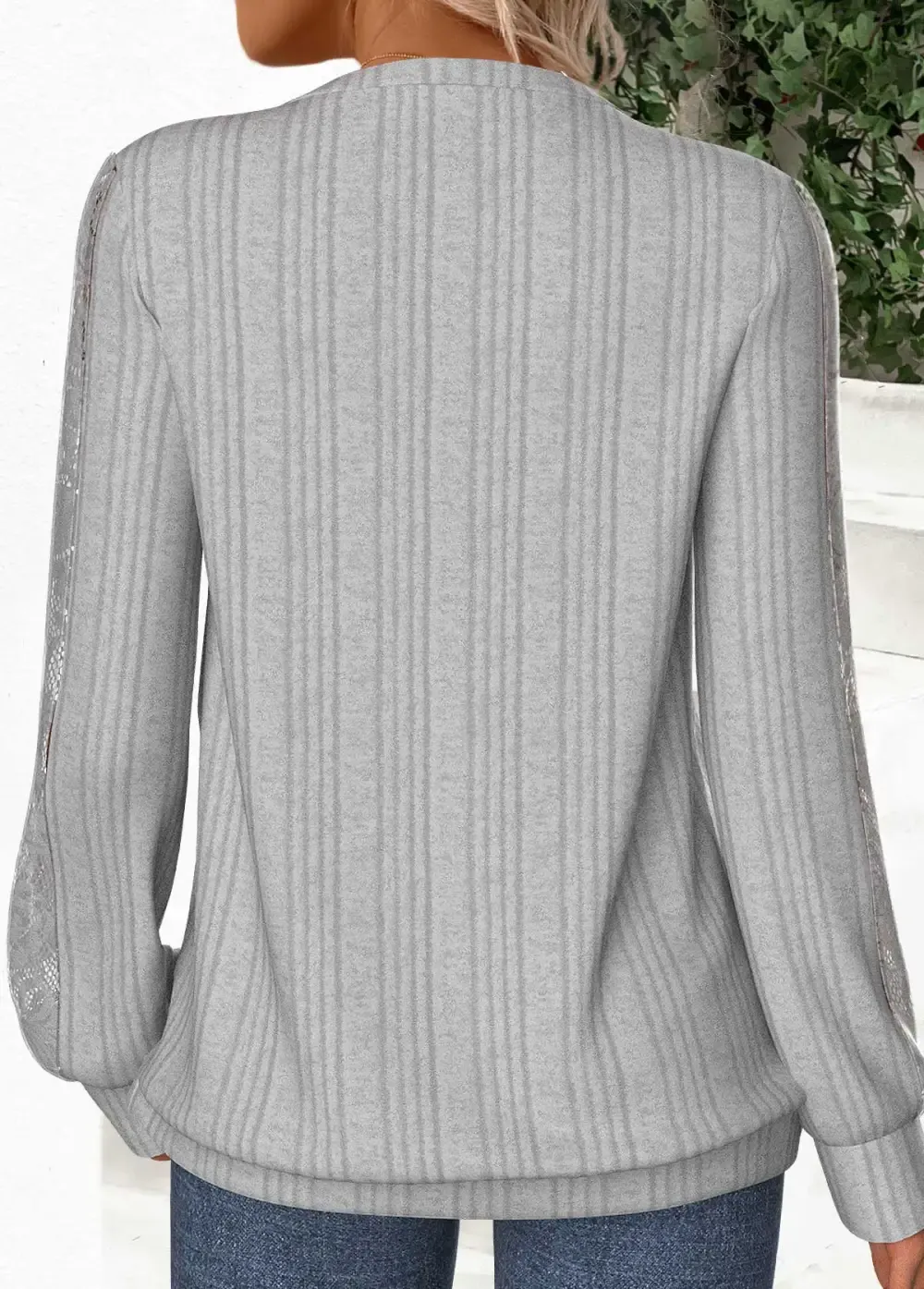 Grey Lace Long Sleeve Round Neck Sweatshirt