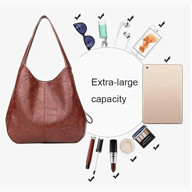 Women's Shoulder Bag Hobo Bag PU Leather Outdoor Office Shopping Large Capacity Solid Color claret Red Brown Black