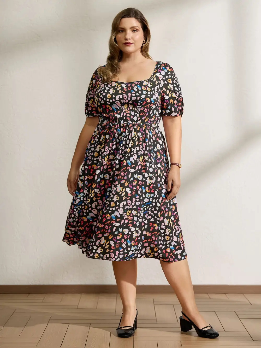 Rayon Leopard Print Drape Sleeve Midi Dress