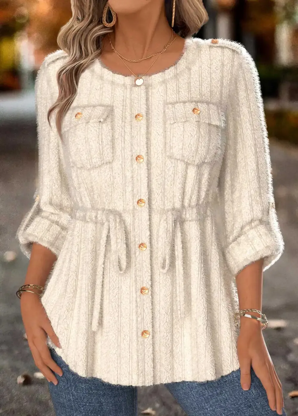 Beige Tummy Coverage Long Sleeve Round Neck Coat