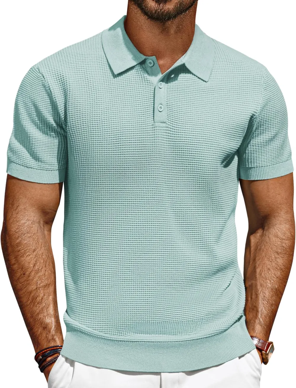 Knit Polo Shirts for Men Casual Short Sleeve Waffle Texture Polo Golf Shirt