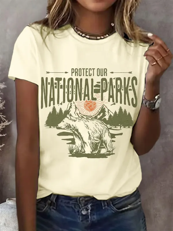 T-Shirt Women Protect Our National Parks Printed Crew-Neck T-Shirt Theme Printed Short Sleeve