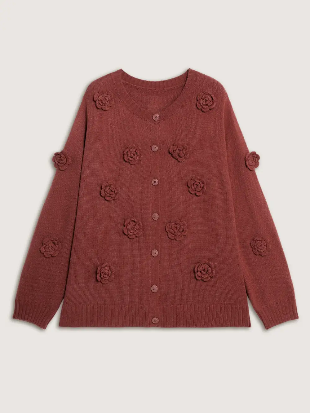 3D Floral Pattern Round Neck Knit Cardigan