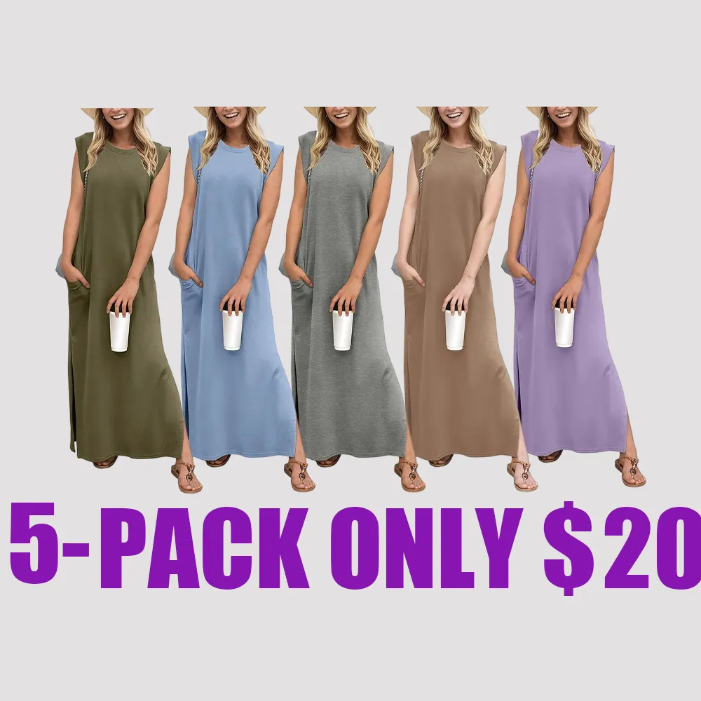 Women's Wrinkle-Free Maxi Vacation Dress – Loose Fit, Split Hem, with Pockets, XS-5XL (Black, Summer Ready)