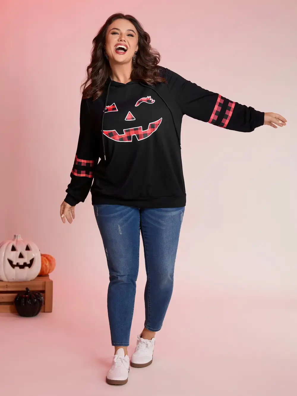 Pumpkin Plaid Print Solid Hoodie