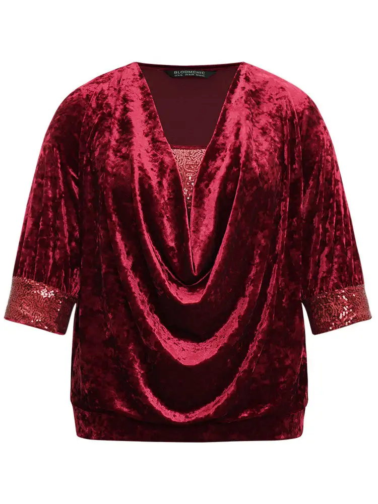 Cowl Neck 2-In-1 Sequin Patchwork Blouse