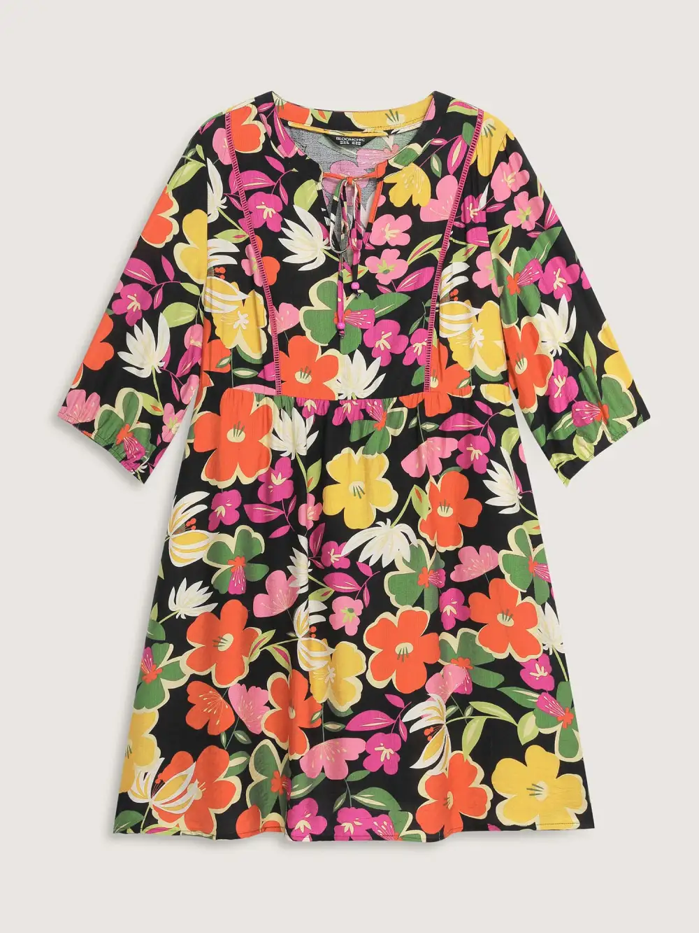 Colorful Floral Print Beaded A-Line Midi Dress