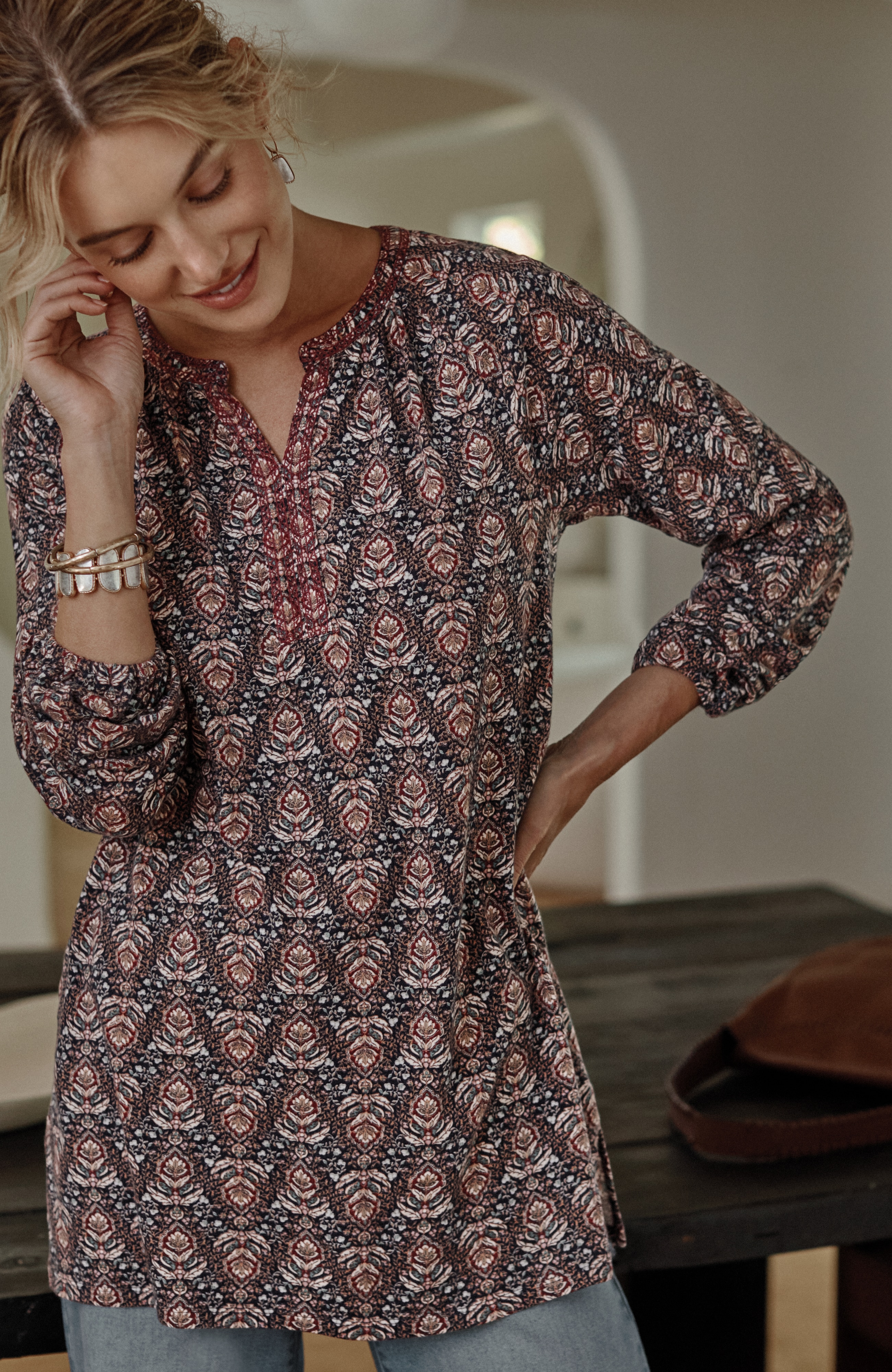 Pure Jill Printed & Embroidered Knit Tunic