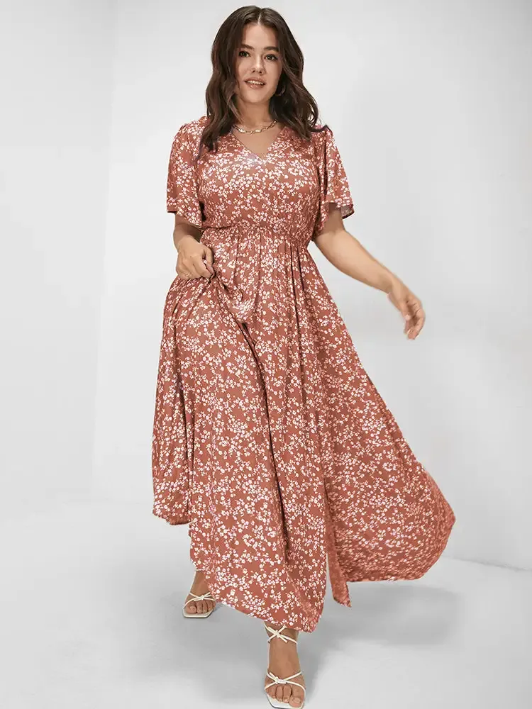 Bloom Dress - Flutter Sleeve Ditsy Floral Pocket Split Maxi Dress