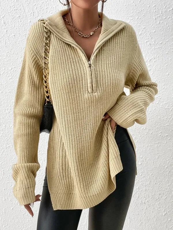 Half Zip Ribbed Knit Drop Shoulder Split Hem Sweater