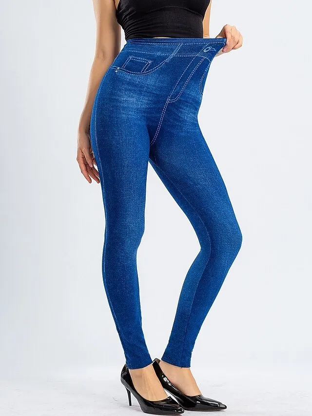 Women's Leggings Faux Denim Ankle-Length Stretchy High Waist Fashion Casual Weekend Black Blue S M
