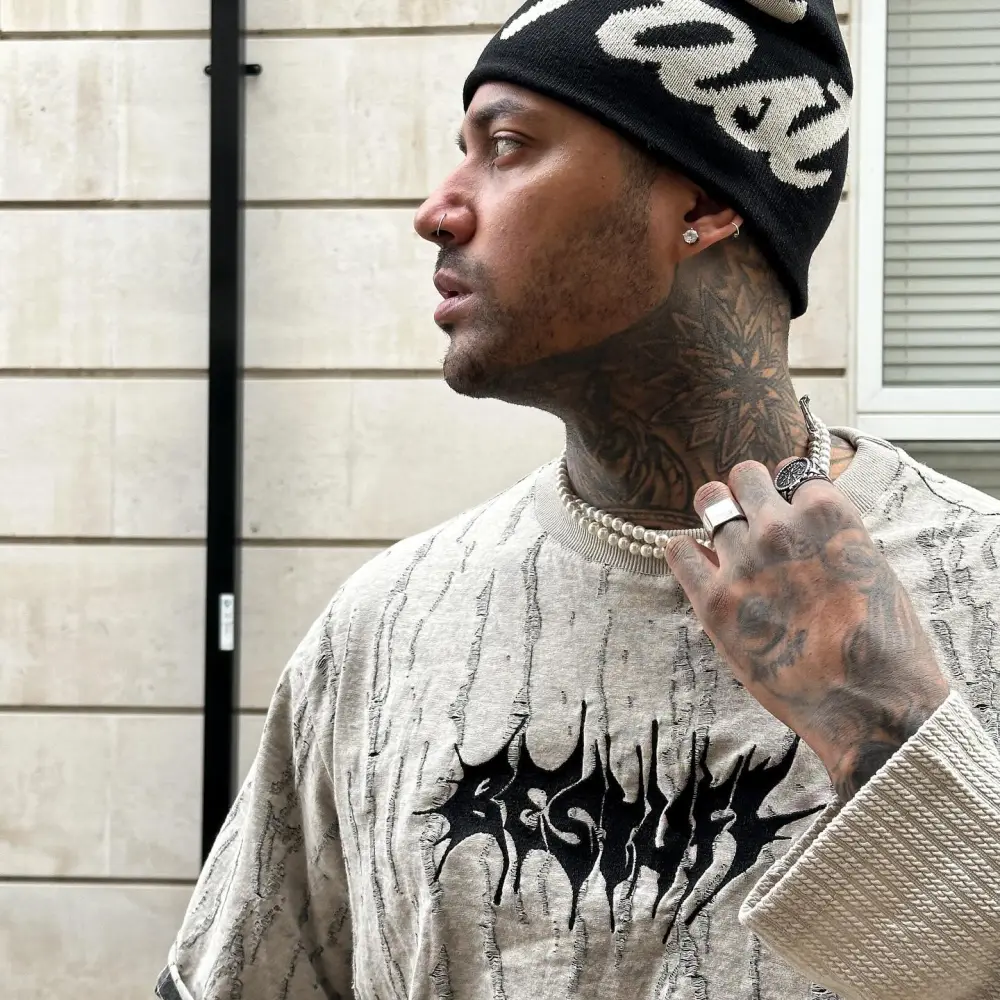 Faux Two-piece Distressed Woolen T-shirt - 2005