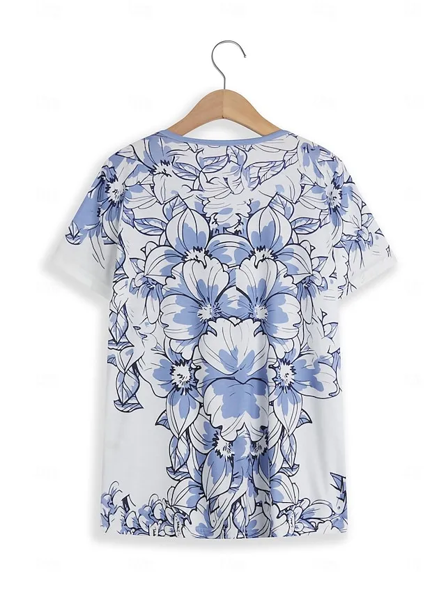 Women's T shirt Tee Floral Holiday Weekend Button Print Pink Short Sleeve Basic Round Neck