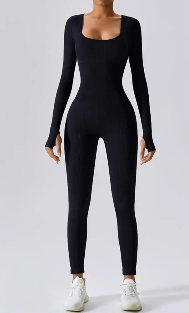 Women's Solid Ribbed Long Sleeve Sports Playsuit Tummy Control Jumpsuit, Workout Ribbed Long Sleeve Exercise Bodycon Jumpsuit