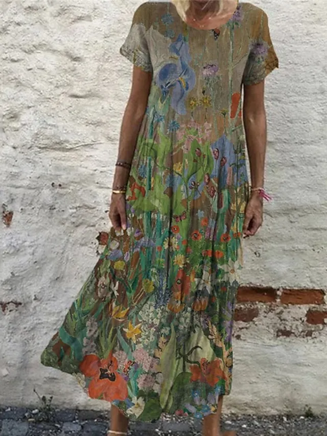 Women's Casual Dress Shift Dress Long Dress Maxi Dress Wine Blue Green Short Sleeve Floral Print Summer Spring