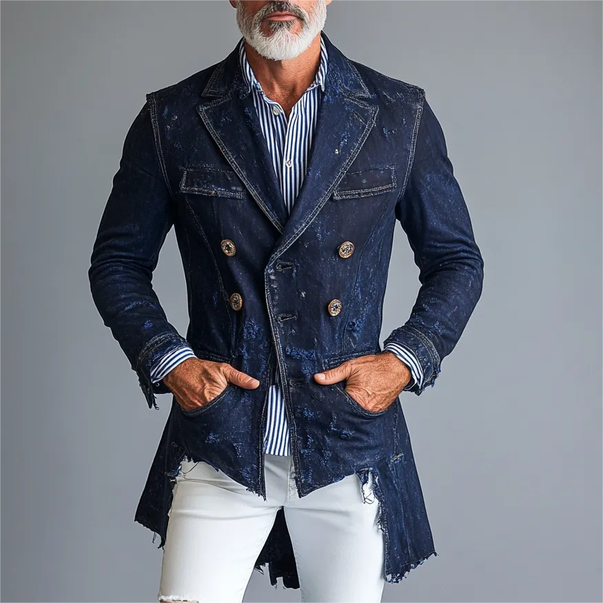 Men's Denim Lapel Collar Buttons Pockets Asymmetric Hem Jacket