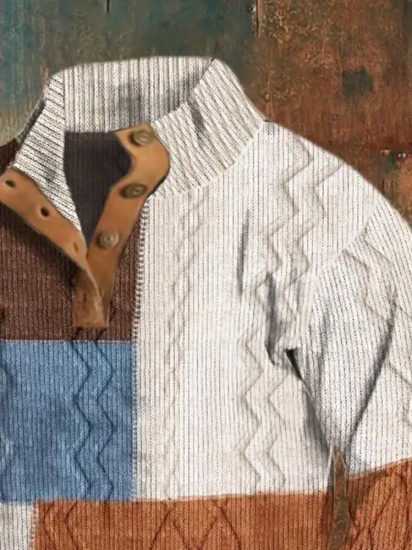 Men'S Casual Retro Color Block Print Long Sleeve Sweatshirt