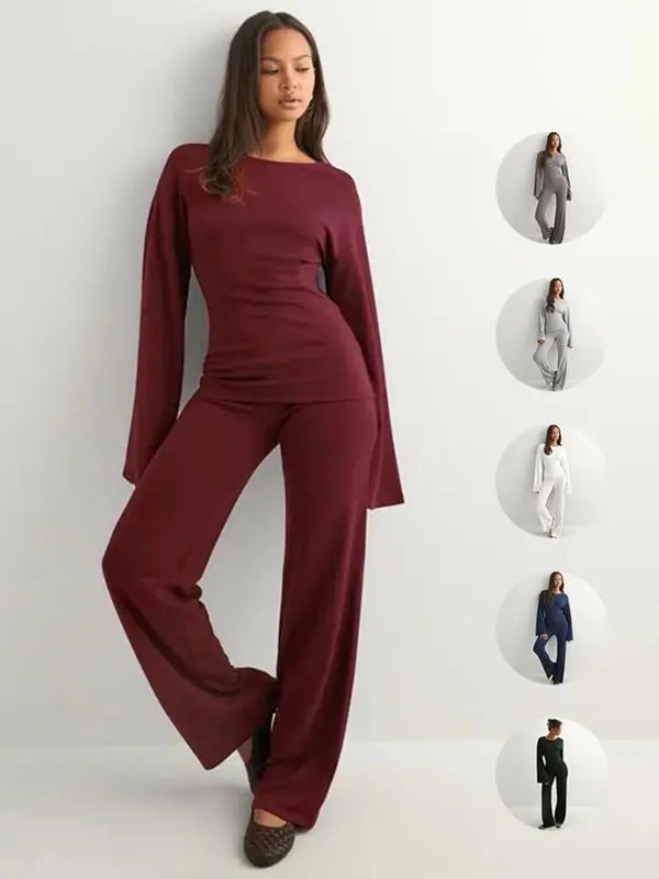 Women's Fall New Round Neck Flare Long Sleeve Top & Elastic Waist Straight Leg Pants Set