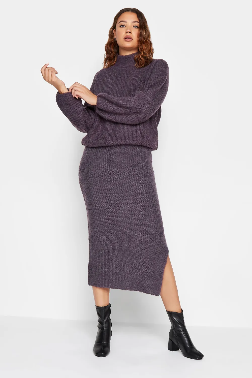 LTS Tall Dark Purple Funnel Neck Knitted Jumper
