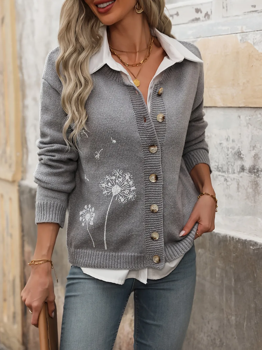 Vibrant Dandelion Pattern Button-Up Cardigan - Soft, Cozy, Long Sleeve Sweater for Fall & Winter - Women's Casual Clothing for Everyday Wear