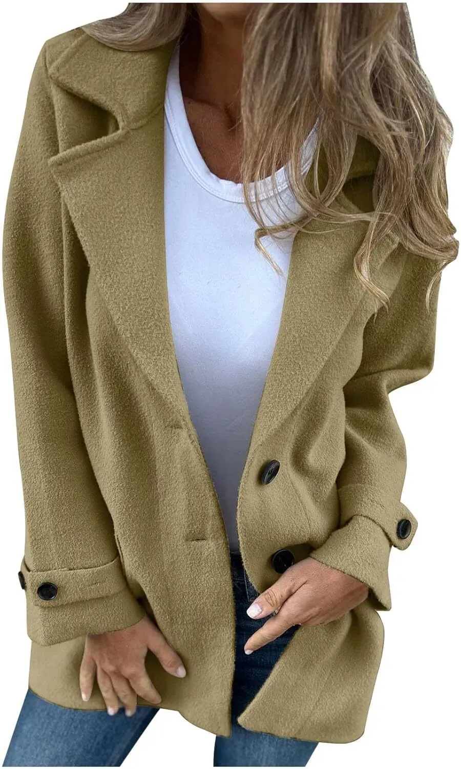 Women Wool Blend Coat 2024 Fall Lapel Single Breasted Mid Length Trench Coat Jacket Open Front Solid Long Sleeve Jacket