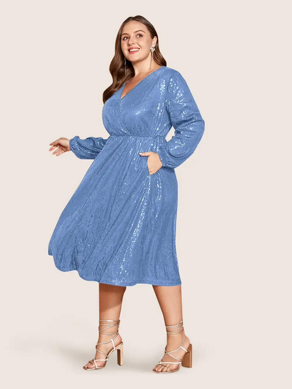 Solid Pocket Lantern Sleeve Wrap Sequin Dress