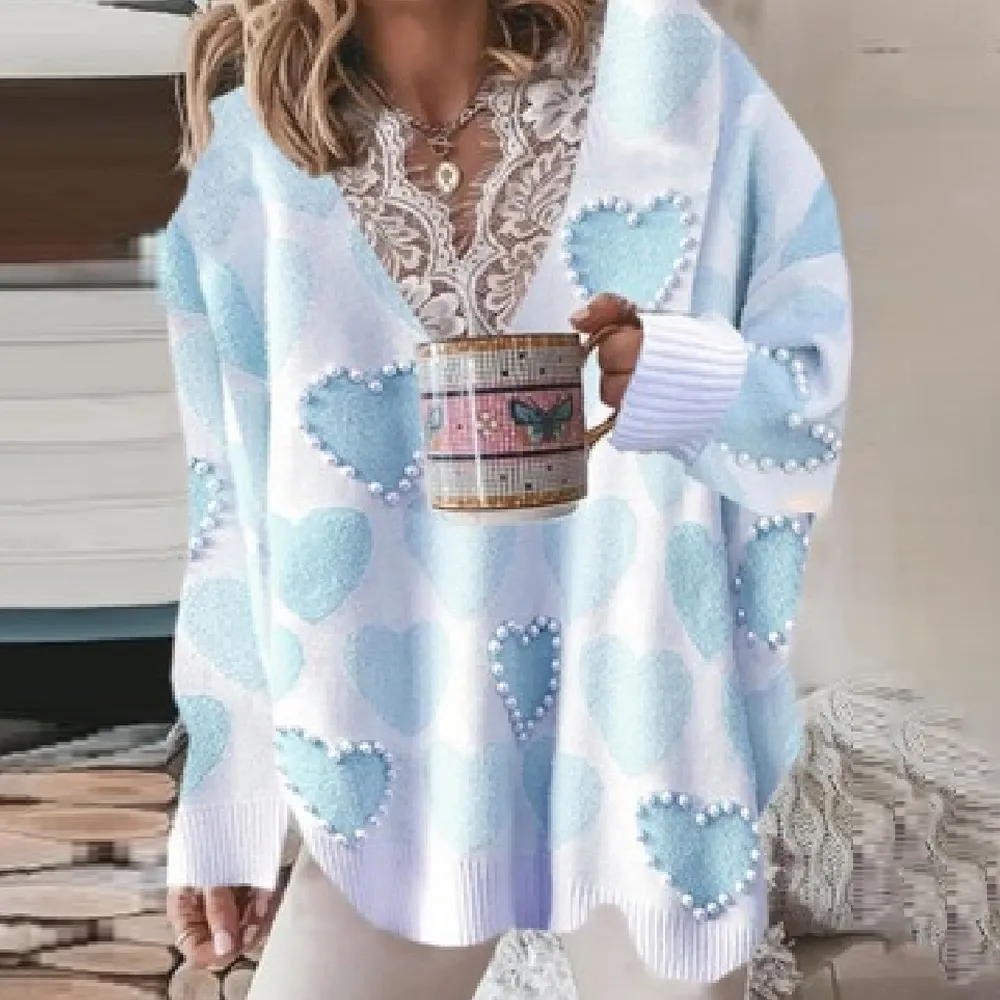Pearl Heart Lace Stitching Casual Sweater