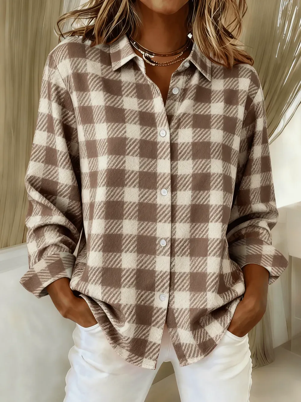 Women's Retro Plaid Print Casual Lapel Shirt