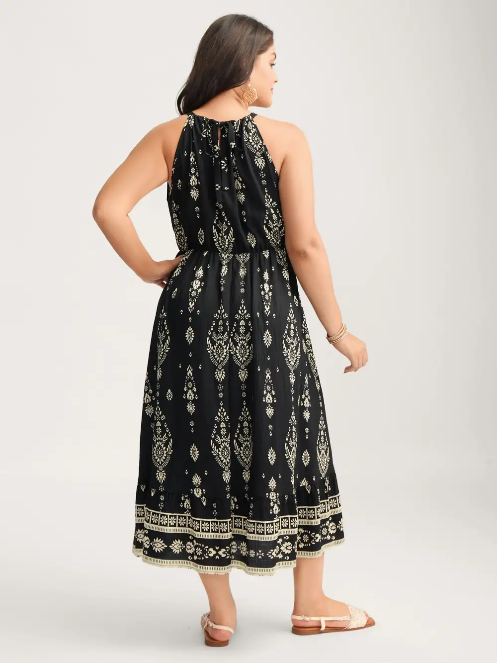 Boho Print Halter Neck Pockets Midi Dress